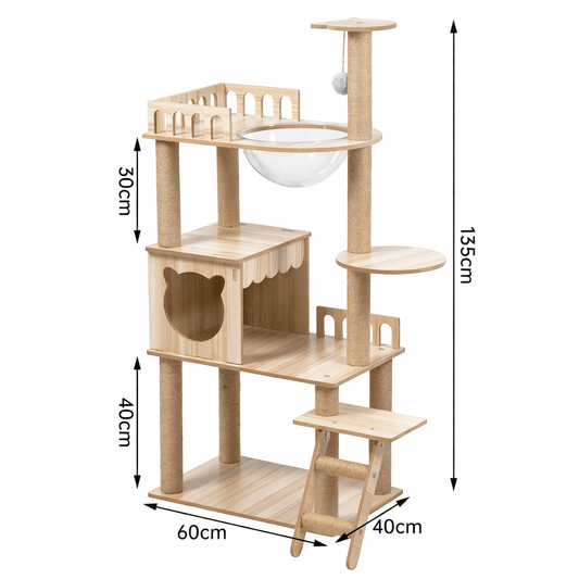 54-Inch Wood-Look Cat Tree with Clear Space Capsule, Enclosed House, Platforms and Step Ladder