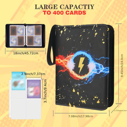 Trading Card Binder 400 Pockets – Faux Leather Lightning Bolt Design, Double-Sided Sleeves for Pokemon MTG TCG Sports Cards