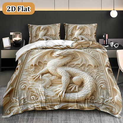 3-Piece Duvet Cover Set with Ivory Coiled Dragon Print, Ornate Carved-Look Artwork and Four Sizes