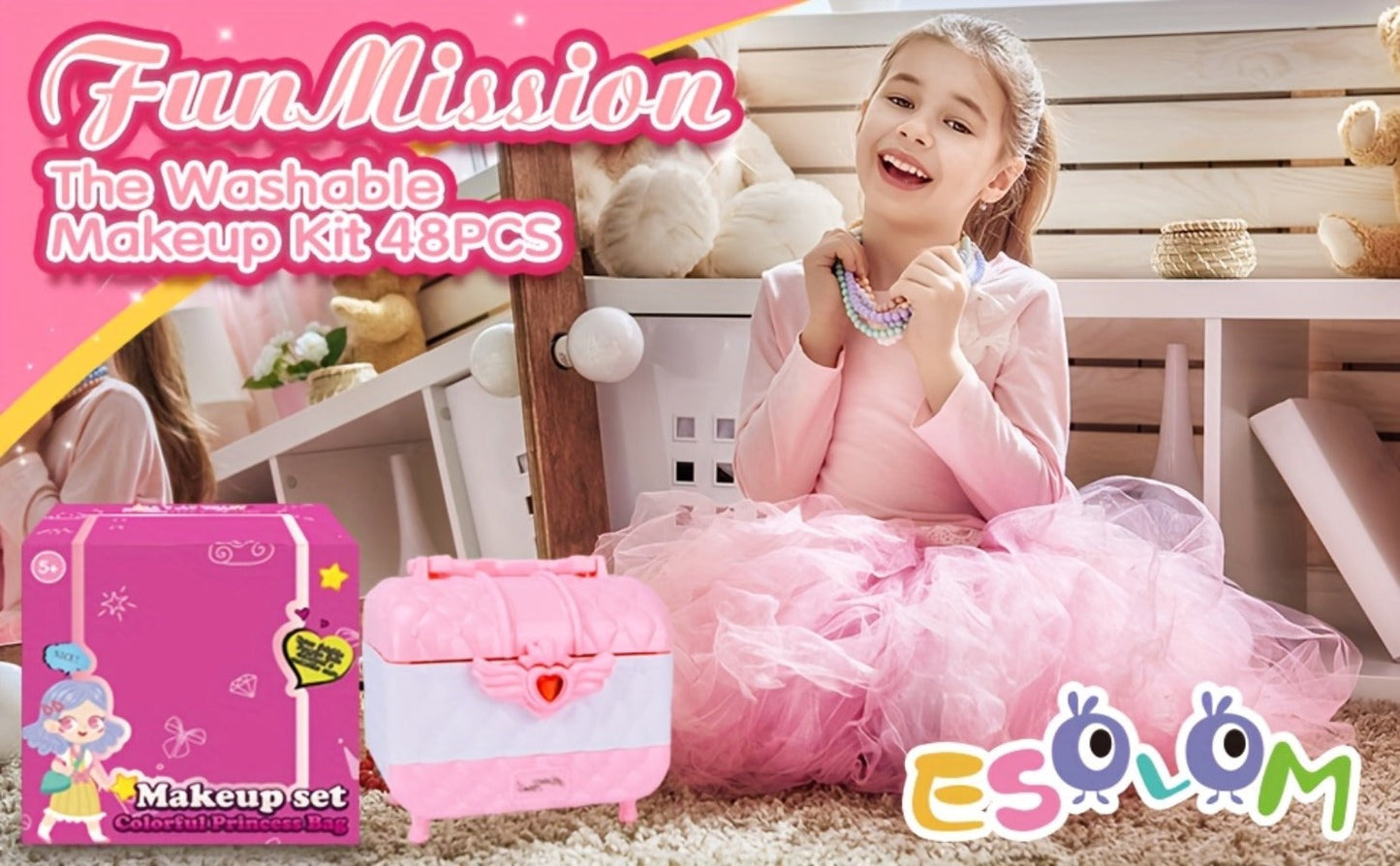 Kids Makeup Kit for Girls Ages 5-12, 48PCS Princess Pretend Play Cosmetics Set, Eyeshadow, Blush
