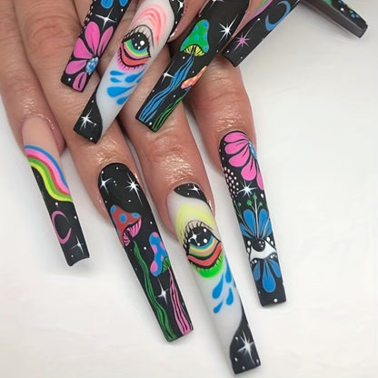 Press On Nails 120-Piece Extra-Long Five-Box Cosmic Eye Rhinestone Matte Floral Stripe Set with Glue