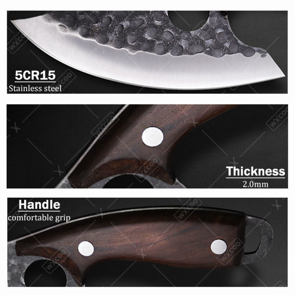 Kitchen Chef Knife Set 3 Piece Stainless Steel - Sharp Boning Knife, Utility Knife & BBQ Knife with Hammered Blade