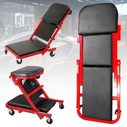 Rolling Mechanic Creeper Stool 300 lb – Foldable Z-Shape 3-in-1 Crawler Seat & Sliding Work Stool with 6 Swivel Casters