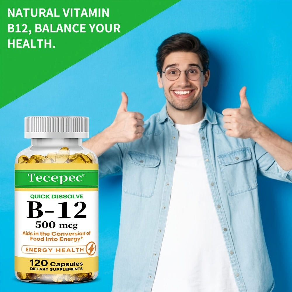 Vitamin B12 500mcg Capsules 120 Count for Women Men for Bath Time, Home Spa and Personal Care