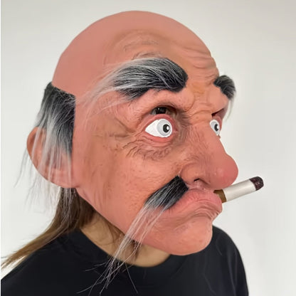Bald Old-Man Full-Head Costume Mask with Gray Brows, Mustache, Side Hair and Faux Cigar for Adult Halloween Parties