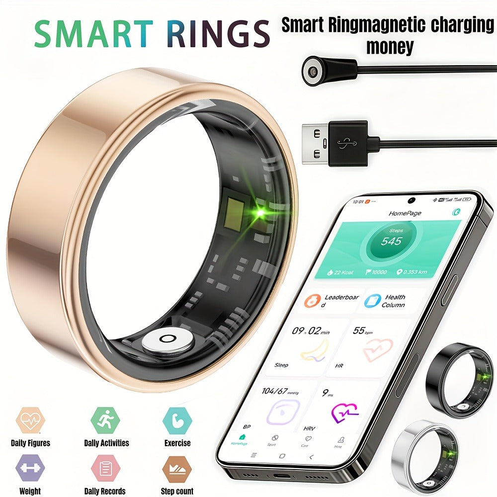 Screenless Smart Ring with Magnetic Charging Cable, Rose Gold, Black or Silver Finish and Sizes 7–13