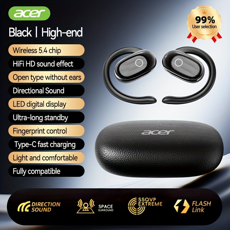 True Wireless Earbuds Acer Open-Ear Earhook Set with Bluetooth 5.4, LED Display Case, Touch Controls and Type-C Charging