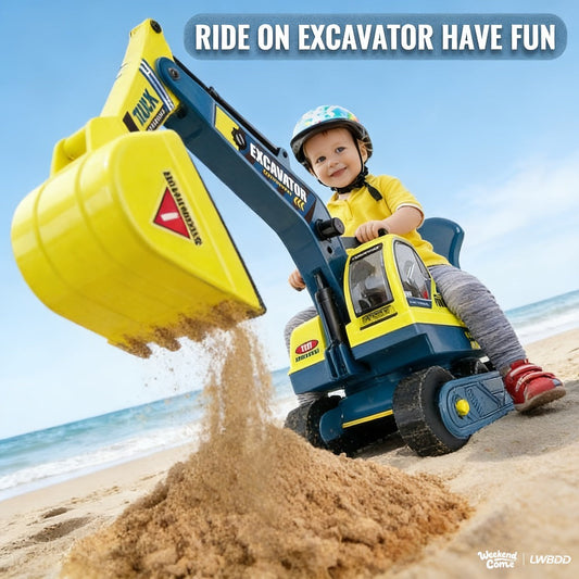 Kids Ride On Excavator Toy Large Beach Sand Digger with Working Scoop Arm, Outdoor Engineering Construction Toy for Toddlers Ages 2-6