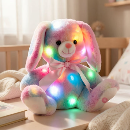 Musical Glowing Bunny Plush Toy 10 Inch, Rainbow Lop Ear Rabbit Stuffed Animal with LED Night Light & Lullaby Music for Toddlers Kids