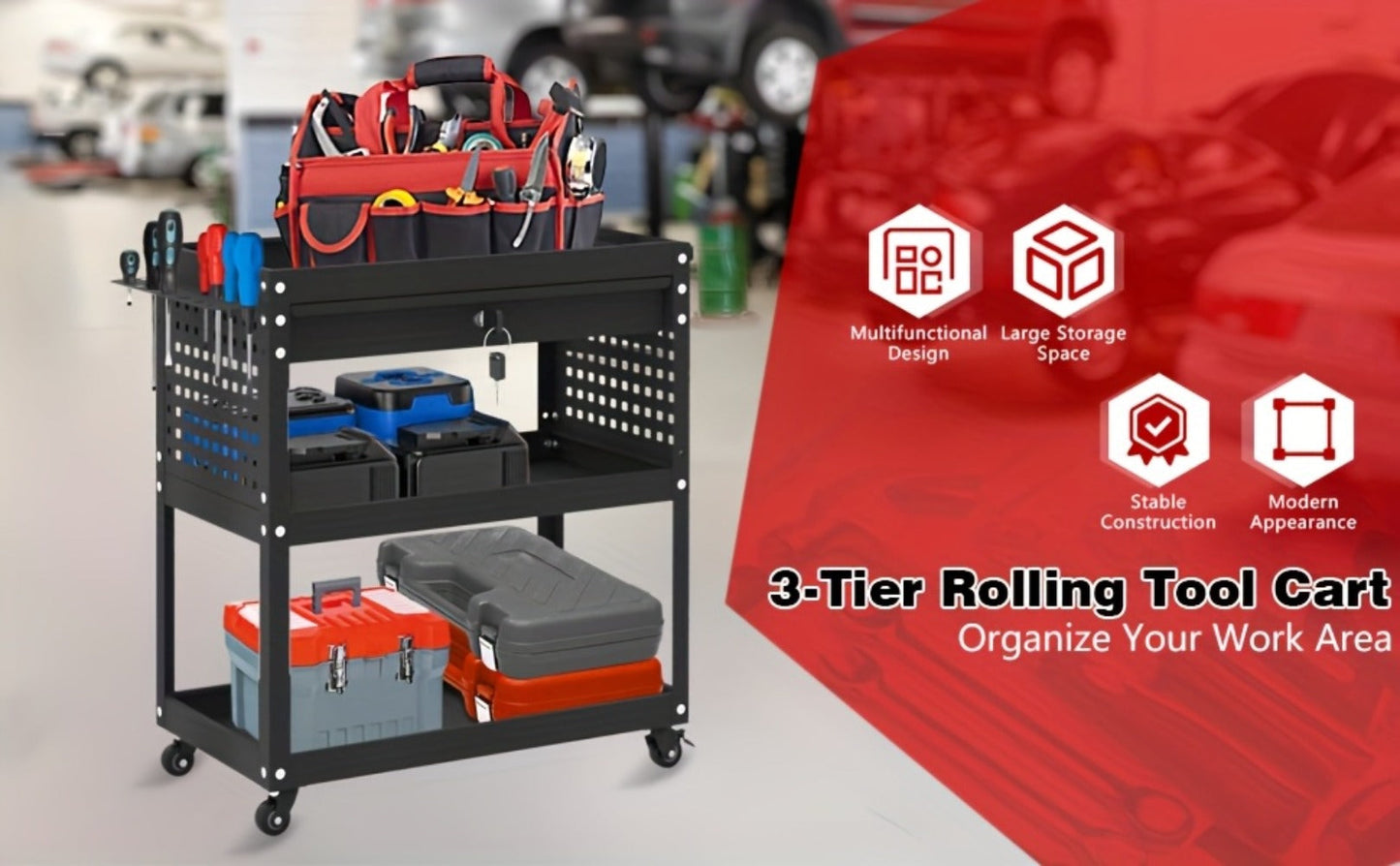Rolling Tool Cart 3-Layer with Drawers & Screw Box Storage, Heavy-Duty Mechanic Trolley on Wheels for Garage Workshop Repair Shop