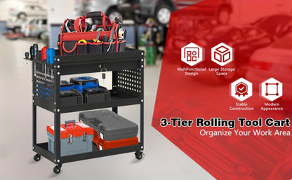 Rolling Tool Cart 3-Layer with Drawers & Screw Box Storage, Heavy-Duty Mechanic Trolley on Wheels for Garage Workshop Repair Shop