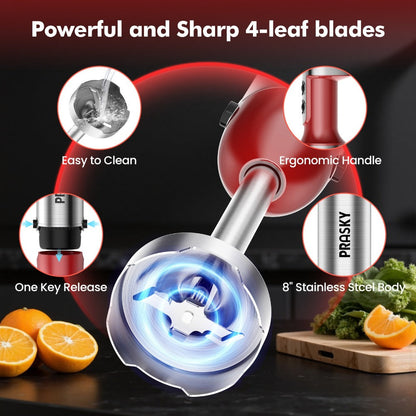 Immersion Blender 5-in-1 Handheld Mixer, Motor, Whisk Meat Chopper Measuring Cup Attachments, Stick Blender for Soups Smoothies Sauces