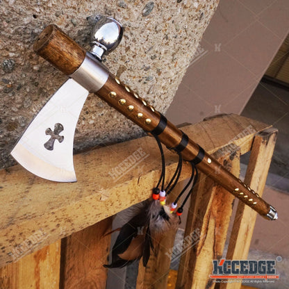 Native American Tomahawk Hatchet Replica 19in, Decorative Peace Pipe Axe with Wooden Handle, Feather & Brass Accents