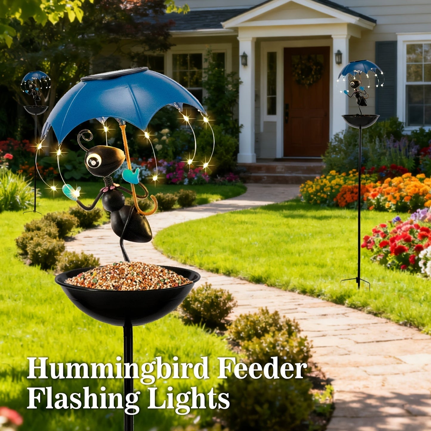 Solar Frog Statue Garden Light with Bird Feeder & LED String Decor, for Garden, Pathway and Patio Lighting