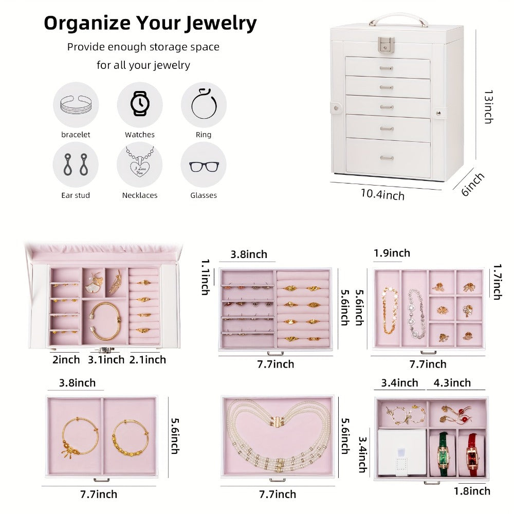 Jewelry Organizer 6-Tier Brown Storage Box with 5 Drawers, Built-In Mirror and Key-Lock Closure