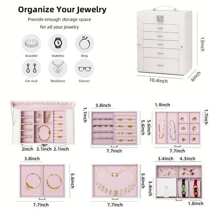 Jewelry Organizer 6-Tier Brown Storage Box with 5 Drawers, Built-In Mirror and Key-Lock Closure