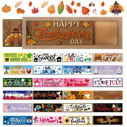 Interchangeable Seasonal Wood Welcome Sign 25-Piece Set – Wooden Frame Table Decor with Swappable Holiday Signs for Fall, Thanksgiving
