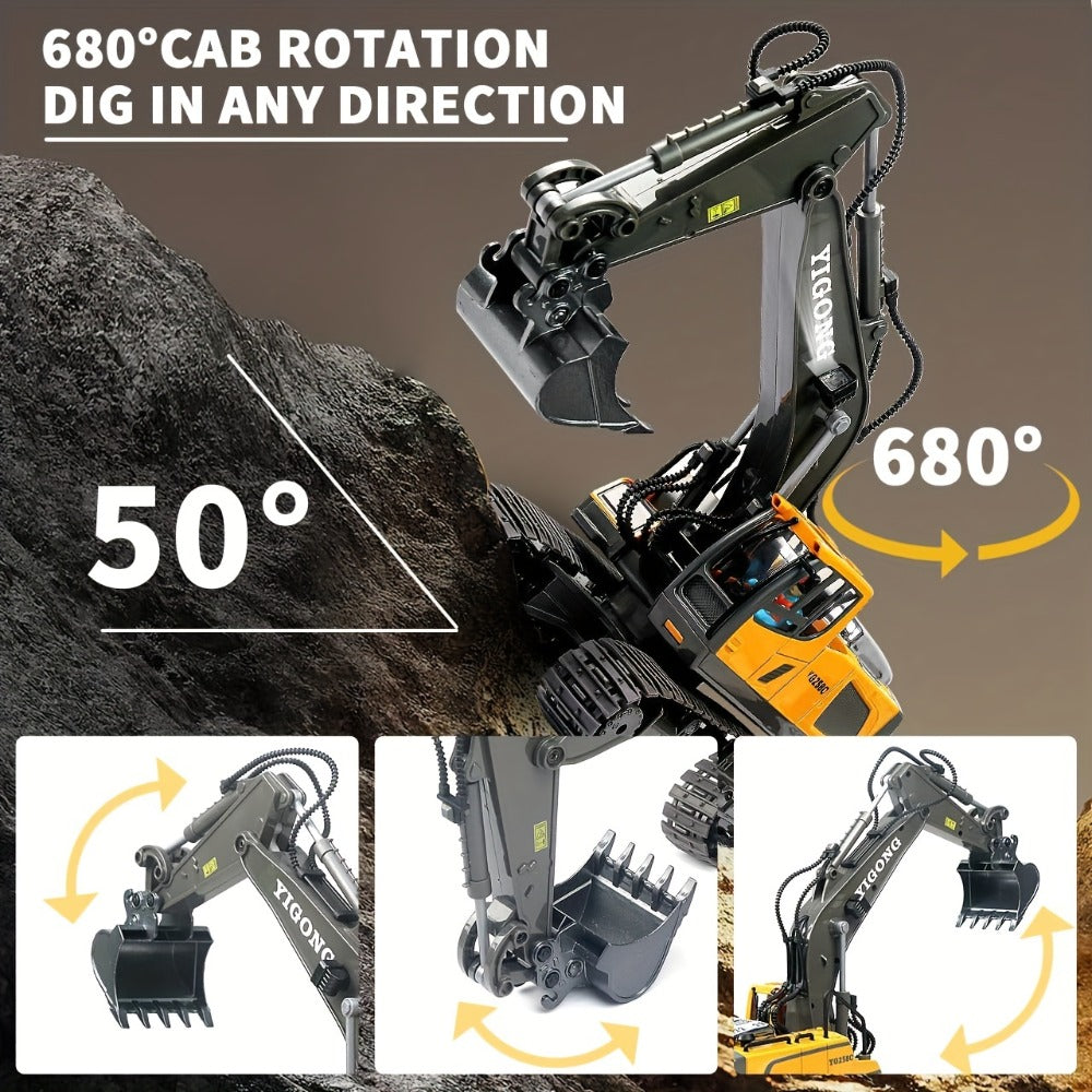 RC Excavator Toy 1:24 Scale 2.4GHz 9-Channel Remote Control with Alloy Metal Cap Lights & Sound Rechargeable Battery