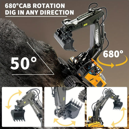 RC Excavator Toy 1:24 Scale 2.4GHz 9-Channel Remote Control with Alloy Metal Cap Lights & Sound Rechargeable Battery