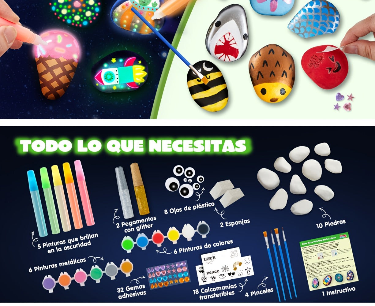 Glow Rock Painting Craft Kit with 10 Rocks, Paints, Brushes, Gems and Stickers in One- or Two-Pack Options