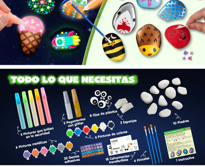 Glow Rock Painting Craft Kit with 10 Rocks, Paints, Brushes, Gems and Stickers in One- or Two-Pack Options