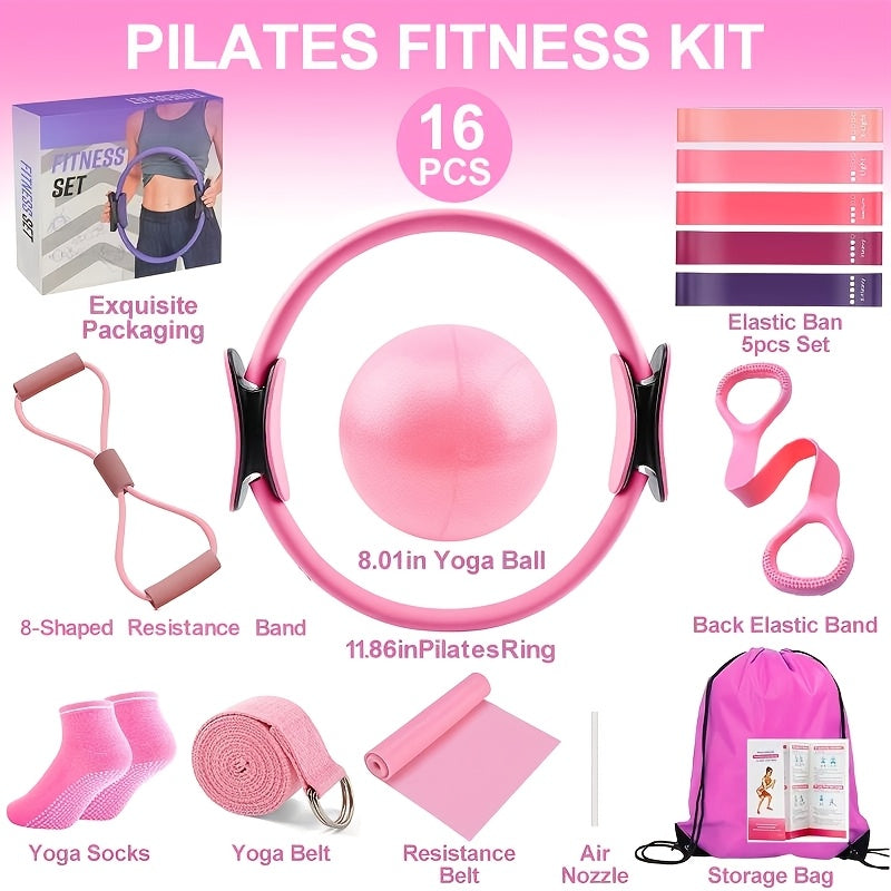 Pink or Purple 16-Piece Pilates Fitness Kit with Ring, Ball, Five Bands, Socks, Straps and Storage Bag