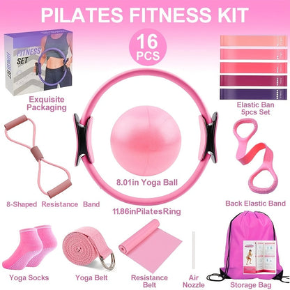 Pink or Purple 16-Piece Pilates Fitness Kit with Ring, Ball, Five Bands, Socks, Straps and Storage Bag