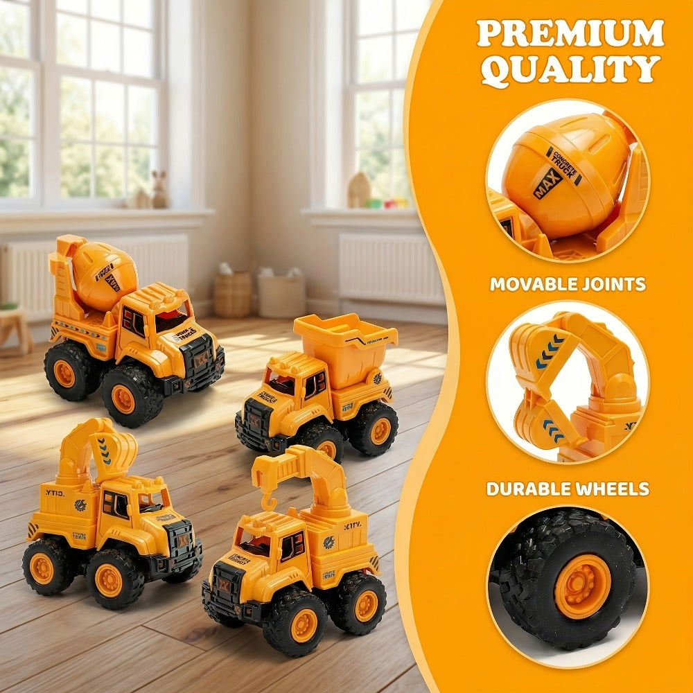 4-Piece Construction Truck Set for Kids, Excavator Dump Truck Crane Cement Mixer Sandbox STEM Engineering Vehicle Playset