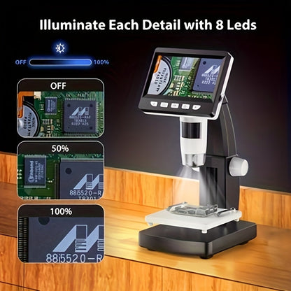 4.3-Inch Digital Microscope in Black or White with Eight LEDs and Compact Stand for Coin and Circuit Board Inspection