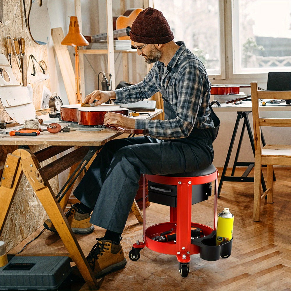 Rolling Workshop Stool with Drawers – 330 lb Mechanic Seat with 2 Storage Drawers, Cup Holders, Tool Tray