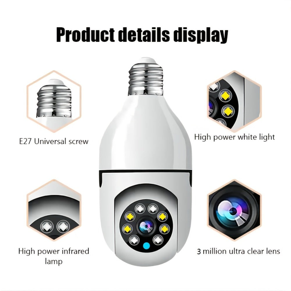 E27 Bulb Camera 360° Pan & Tilt 3MP 1080P, Full-Color Night Vision, Two-Way Audio, Motion Detection
