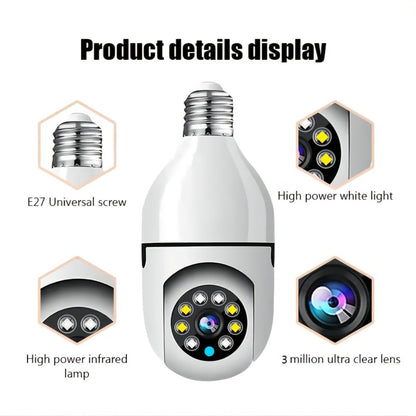 E27 Bulb Camera 360° Pan & Tilt 3MP 1080P, Full-Color Night Vision, Two-Way Audio, Motion Detection