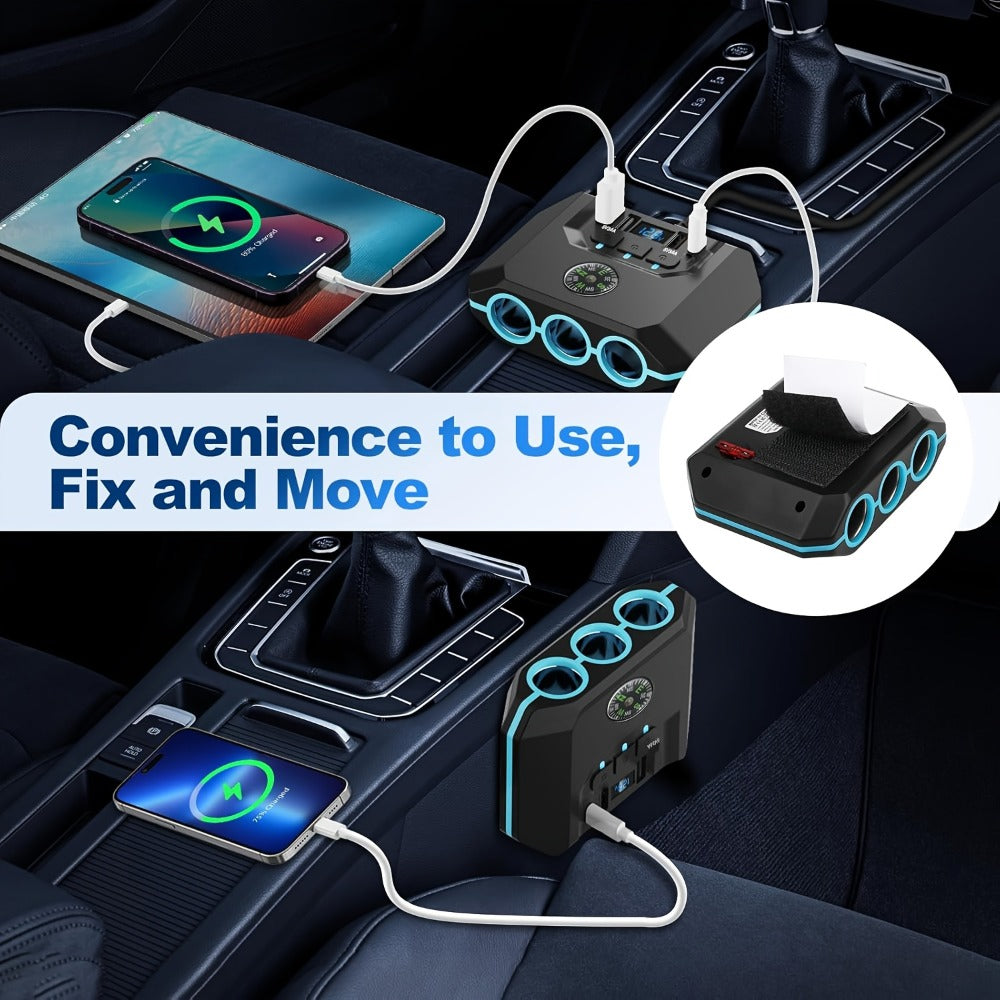 Car Cigarette Lighter Splitter 3-Socket 120W Power Outlet Adapter | QC3.0 + PD USB Ports | 12V/24V Voltage Monitor Independent Switch Car
