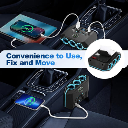 Car Cigarette Lighter Splitter 3-Socket 120W Power Outlet Adapter | QC3.0 + PD USB Ports | 12V/24V Voltage Monitor Independent Switch Car