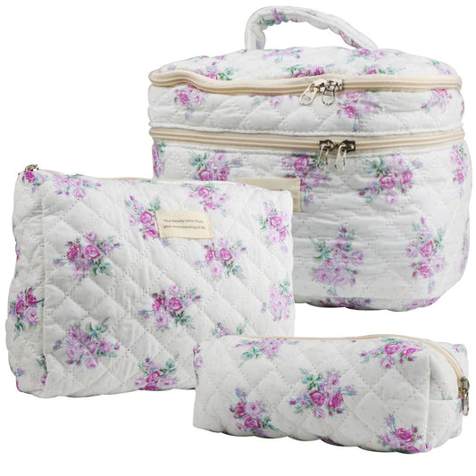 Quilted Floral Makeup Bag Set 3PCS Large Capacity Dual Layer Cotton Cosmetic Bags Coquette Aesthetic Travel Toiletry Organizer Gift