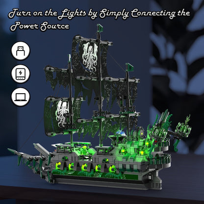 Flying Dutchman Pirate Ship Building Blocks Ghost Ship Model 40001 with LED Lights, Adult Teen Collector Construction Kit