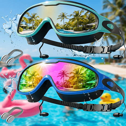 Anti-Fog Swimming Goggles Wide View UV Protection Swim Goggles for Adults Men Women Youth – Mirrored Lens with Earplugs Nose Clip