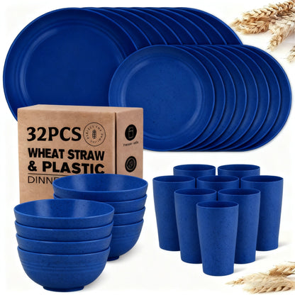 Wheat Straw Dinnerware Set 16 or 32 Piece – Plates & Bowls for 4 or 8 People, Microwave & Dishwasher Safe Plastic Dish Set