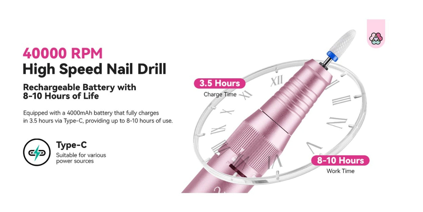 Electric Nail Drill 40000 RPM Rechargeable Professional Nail Drill Machine 4000mAh Battery LCD Display Ceramic Bits Sanding Bands