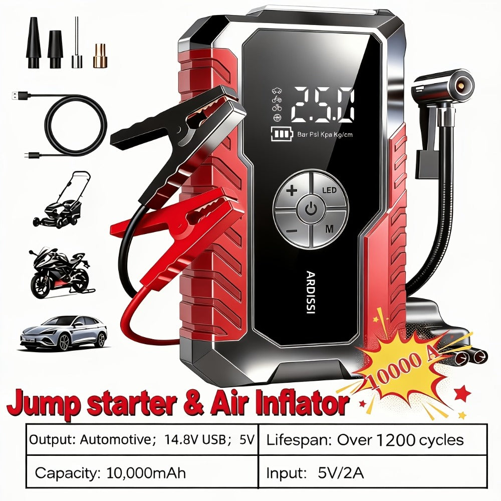 Car Jump Starter 10000A with 150PSI Tire Inflator – 7-in-1 Emergency Battery Booster Pack, 5000A Peak, 10000mAh Power Bank, LED Light