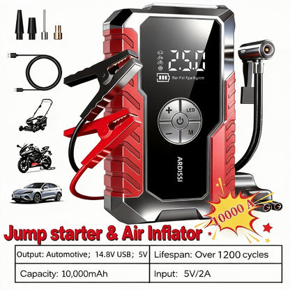 Car Jump Starter 10000A with 150PSI Tire Inflator – 7-in-1 Emergency Battery Booster Pack, 5000A Peak, 10000mAh Power Bank, LED Light
