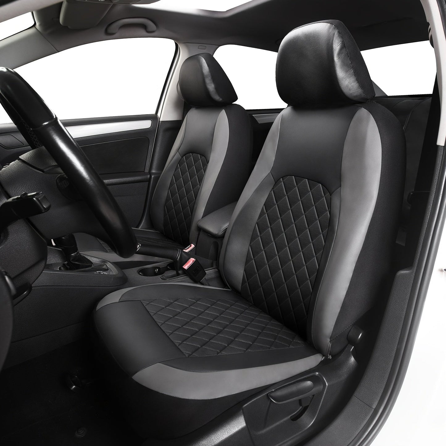 Five-Seat Quilted Car Seat Cover Set with Headrest Pieces in Black, Gray and Blue-Trim Color Options