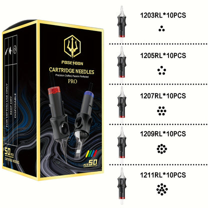 Tattoo Cartridge Needles with POSEIDON V5 Label, 50-Piece Mixed or Round Liner Pack Options