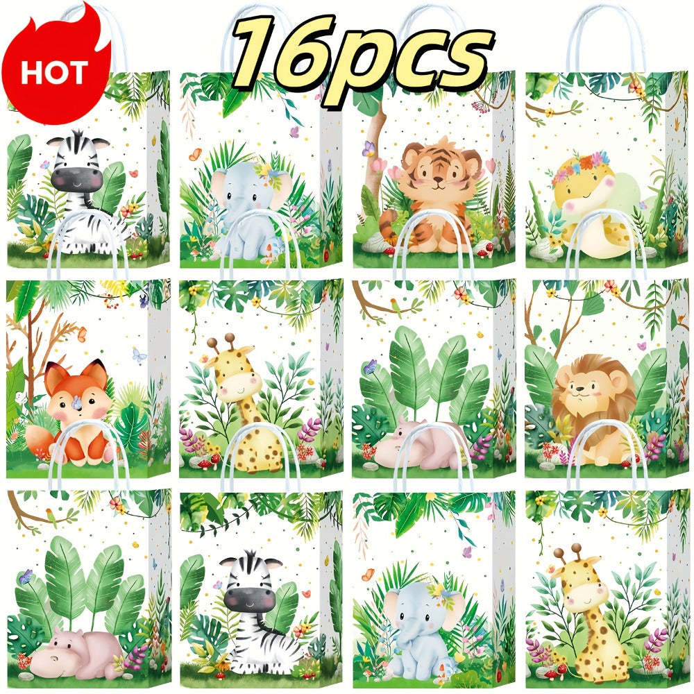 Party Favor Bags Safari Animals Jungle Theme Woodland Print Paper Goodie Bags with Handles for Kids Birthday Party Candy Gift Bags 8 Styles