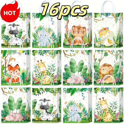 Party Favor Bags Safari Animals Jungle Theme Woodland Print Paper Goodie Bags with Handles for Kids Birthday Party Candy Gift Bags 8 Styles