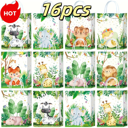 Party Favor Bags Safari Animals Jungle Theme Woodland Print Paper Goodie Bags with Handles for Kids Birthday Party Candy Gift Bags 8 Styles
