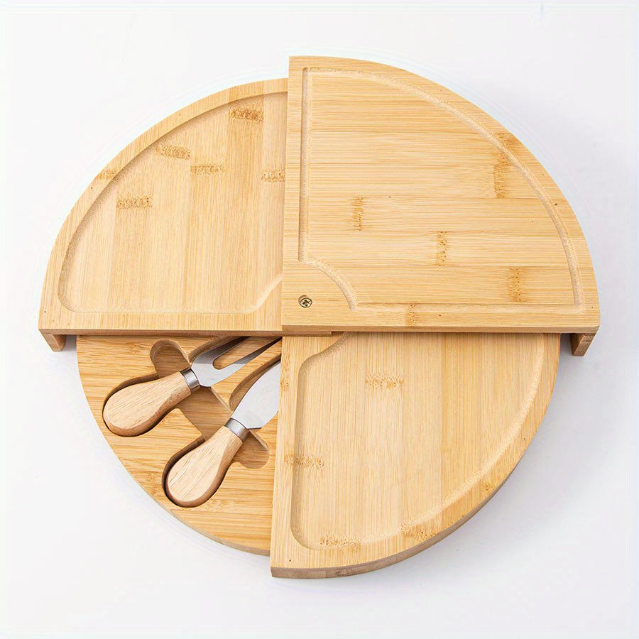 Bamboo Cheese Board Set with 2 Knives – Wood Charcuterie Platter Pizza Board Fruit Snack for Home Cooking, Dining and Outdoor Meals