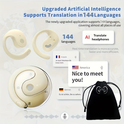144-Language AI Real-Time Translation Earbuds, Two-Way Interpreter Earphones USB & Battery Rechargeable with Carrying Pouch