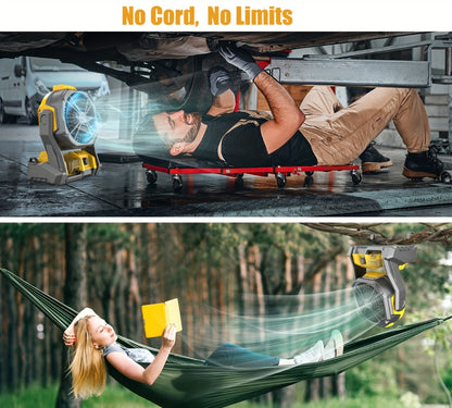 Cordless Jobsite Fan Compatible with DeWalt 20V Max Battery, LED Light Auto Oscillating 180° Tilt Adjustable Speed