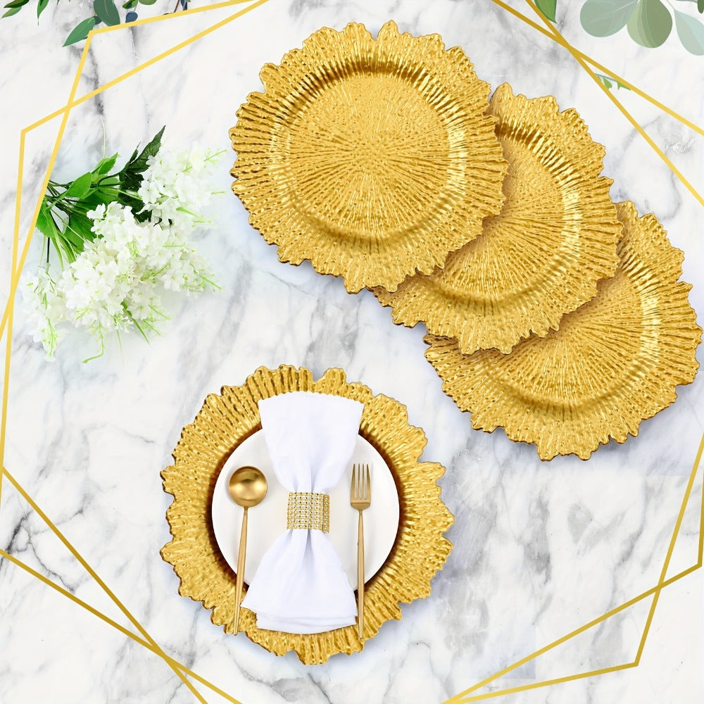Wedding Plates 100pcs, 13 Inch Plastic Floral Decorative Plates with Metallic Ruffled Rim, Bulk Party Plates for Wedding